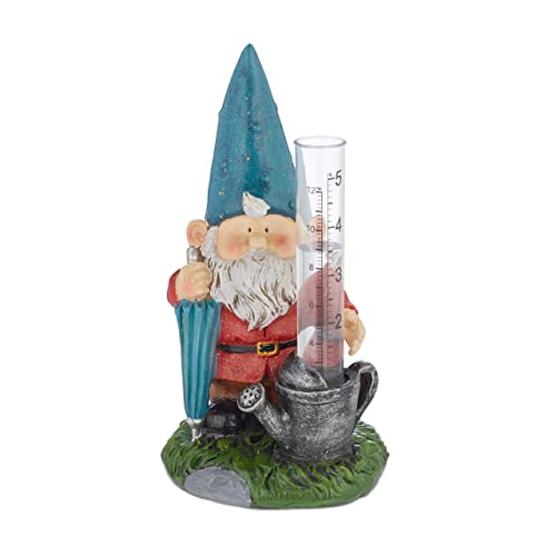 Relaxdays Pluviómetro Decorativo, con Figura Gnomo, Medidor Lluvia Analógico, 12 cm o 5", 21,5x10,5x11 cm, Multicolor