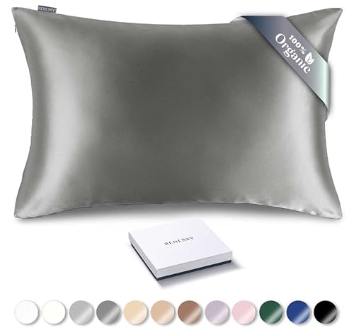 RENESSY Funda de Almohada de Seda Orgánica 50x90 cm - 100% Seda de Morera Orgánica, 22 Momme, Naturalmente Hipoalergénica, Promueve la Salud del Cabello y la Piel, 1 Pieza (Gris Grafito)