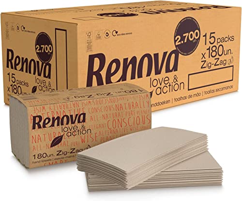 Renova Toallas Secamanos Zig-Zag Love&Action | 15 Paquetes de 180 Unidades | 2.700 unidades | Papel Kraft Ecológico 2 Capas | Certificado FSC & Ecolabel