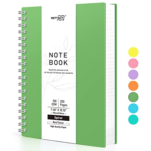 RETTACY Bloc de notas B5, cuaderno de espiral, 300 hojas/150 páginas para escribir, papel rayado universitario de 100 g/m², tapa dura de PVC, 19 x 25 cm, verde