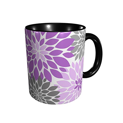 RFSHOP Tazas de café de cerámica con diseño floral de crisantemos morados y grises de 11 onzas, taza de té para oficina y cocina en casa