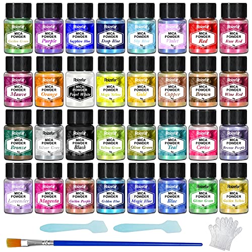Roizefar Polvo de mica - Pigmento de Resina Epoxi de 32 Colores, Tinte de Jabón Natural, Tinte en Polvo Metálico para Hacer Joyas, Bombas de Baño, Velas (5 g por Botella)