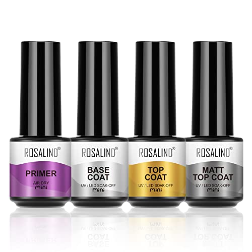 ROSALIND Base y Top Coat Semipermanente Esmaltes Semipermanentes de Uñas Gel UV LED y Matte Top Coat Semipermentes y Primer Esmaltes de Uñas Kit de Manicura Soak off 4pcs Mini