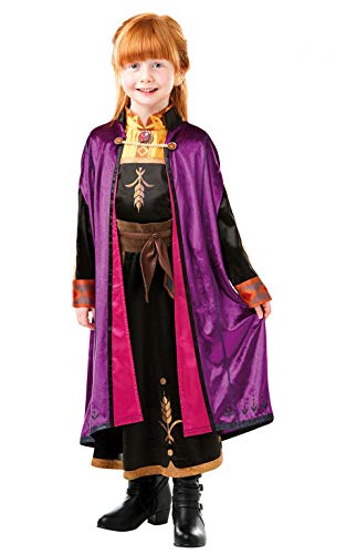 Rubies Disfraz Anna Deluxe Frozen 2 para niña, Vestido en satín de Lujo Oficial de Anna de Frozen en color violeta, negro, cobre y dorado, y capa con detalles en purpurina