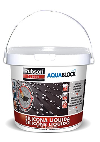 Rubson Aquablock SL3000 Silicona Líquida blanca, impermeabilizante líquido para prevenir y reparar goteras y humedades, silicona elástica con tecnología Silicotec, 1 x 1 kg