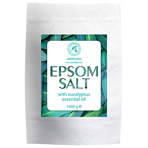 Sal Epsom Baño con Aceite Esencial Eucalipto 1kg - Cristales de Sulfato de Magnesio para Aliviar el Dolor Muscular - Sales de Baño Relajantes - Cuidado de Piel - Muscular - Buen Sueño - Sal Inglesa