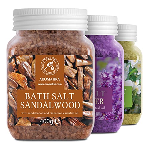 Sales de Baño Set 3x400 g con Aceite 100% Natural Lavender - Sándalo - Jazmín - Mejor para Buen Sueño - Alivio del Estrés - Baño - Cuidado Corporal - Bienestar - Belleza - Relajación - Spa