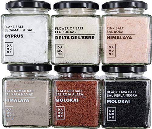 Sales Gourmet: Sal Negra Hawai (200g), Sal Roja Hawai (200g), Flor de Sal Delta del Ebro (150g), Sal en Escamas Chipre (100g), Sal Rosa (200g) y Sal Kala Namak (200g)