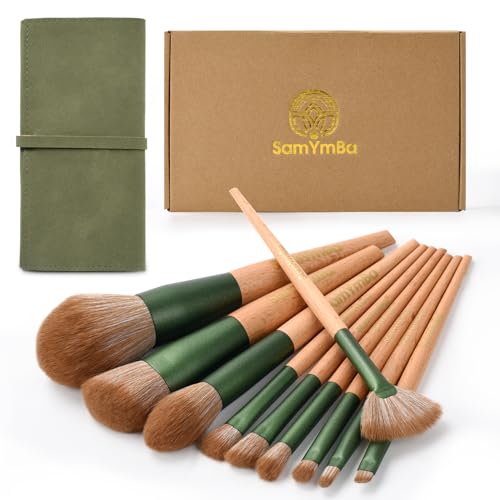 SamYmBa | Set De Brochas De Maquillaje Profesional | 10 Brochas De Maquillaje Con Estuche De Viaje | Pinceles Maquillaje De Fibras Sintéticas Y Mango De Madera De Bambú | Ideas Regalo