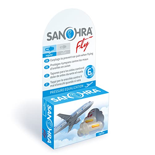SANOHRA fly earplugs - volar sin dolor - los tapones facilitan la ecualización de la presión en el avión - 24 dB SNR de reducción de ruido - reutilizables - 1 par - para adultos - (GB/F/ES/IT)