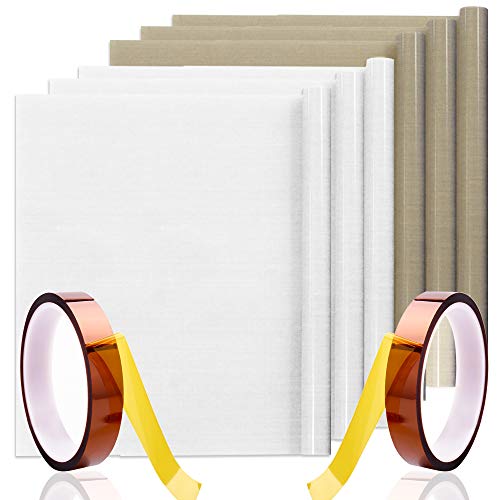 SENHAI 6 láminas de teflón de 59,8 x 39,8 cm con 2 cintas térmicas, antiadherentes, resistentes al calor, para papel de transferencia de calor, máquina de prensa para hornear, color marrón, blanco