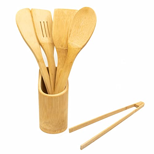 Set 6 Utensilios de Cocina de Bambu Natural - Utensilios de Cocina de Madera para Cocinar - Juego Utensilios Cocina (Espatulas, Cuchara, Tenedor, Pinzas) Accesorios de Cocina hechos en Bambú Natural