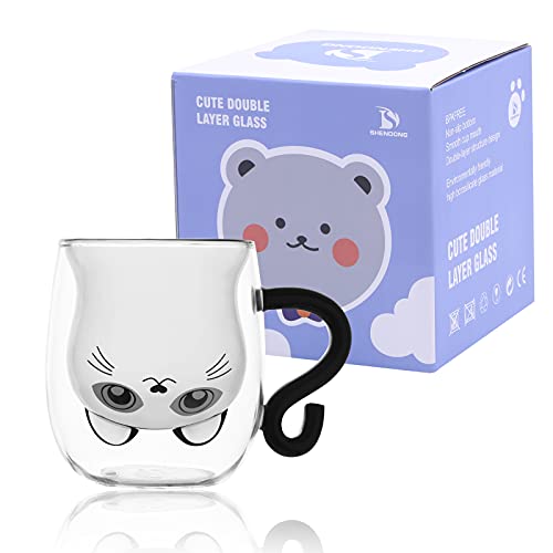 SHENDONG Tazas negras con asa de gato lindo Gato lindo de las tazasTaza de café de téTazas de café expreso de vidrio aislante de doble pared Vaso 250ml Regalo de taza de leche para cumpleaños