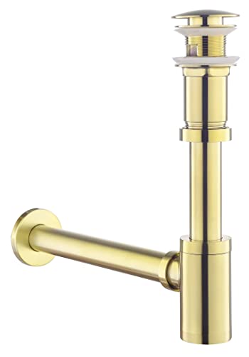 Sifón de diseño con desagüe para lavabo, color dorado cepillado, Keymark universal, sifón y válvula de desagüe de baño, sifón sifón sifón pop up, desagüe de lavabo