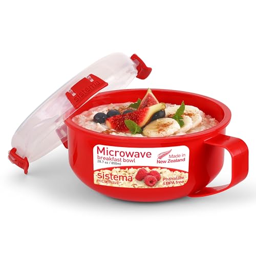 Sistema bol de desayuno para microondas | Recipiente redondo para microondas con tapa | 850 ml | Sin BPA | Rojo | 1 unidad