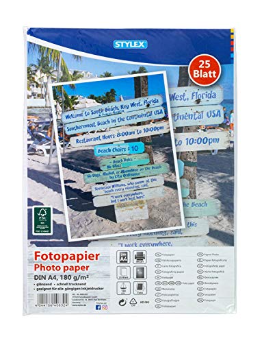 Stylex Printbox-Papel fotográfico (DIN A4, 25 Hojas, 180 g/m2, Brillante, Secado rápido, Apto para Todo Tipo de impresoras de inyección de Tinta), Blanco