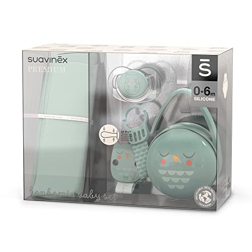 Suavinex, Regalo Recién Nacido. Set Regalo Bebé con: Muselina de Algodón + Chupete con Tetina Fisiológica SX Pro 0-6 Meses + Broche Pinza + Portachupetes Duo. (4 Pcs). Bonhomia, Verde