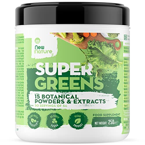 Super Greens por New Nature – 250g, Aumento de energía, 50 Raciones - Combinación de 15 Superalimentos Aptos para Vegetarianos y Veganos para su consumo diario - Cero Ingredientes Artificiales