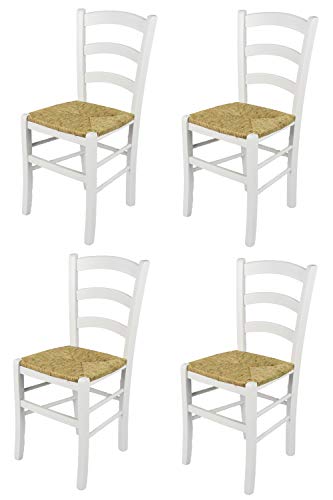 t m c s Tommychairs - Set 4 sillas Venezia para Cocina y Comedor, Estructura en Madera de Haya barnizada Color Blanco y Asiento en Paja