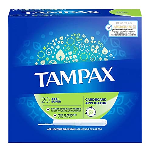 Tampax Tampones, súper con aplicador de cartón, 20 tampones, protección contra fugas y discreción, súper absorbente