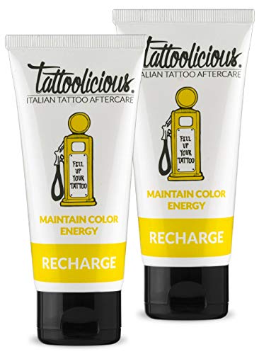 Tattoolicious DOUBLE RECHARGE - Crema de mantenimiento para tatuajes, revitalizante, específica, con ingredientes bioactivos, Paquete Doble de 200ml (2 tubos de 100 ml)