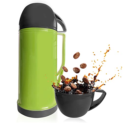 Taza termo cafe para llevar - Con taza incorporada en la tapa - Termo grande de 1 litro - Ideal para el trabajo, estudio o l ocio al aire libre - Vaso térmico de plástico - Termos botella mate (Verde)
