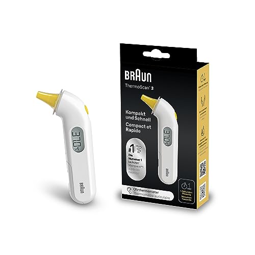 Termómetro de oído Braun ThermoScan 3 (precisión profesional, indicador acústico de fiebre, seguro e higiénico, para toda la familia, recién nacido) IRT3030 White