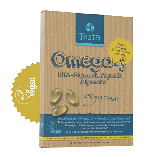 Testa Omega 3 Vegano DHA – Aceite de Algas – Omega-3 Vegetal DHA 250 mg – 100% Puro y Vegano – 2 Meses de Suministro – 60 Cápsulas