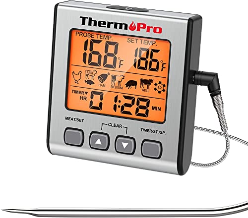 ThermoPro TP16S Termómetro Cocina Termómetros de Barbacoa Digitale para BBQ Parrilla Horno Carne Comida Líquidos con Modo de Temporizador de Cocción Inteligente y Retroiluminación