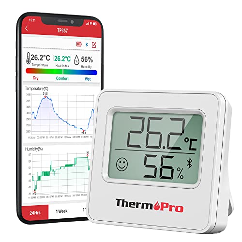 ThermoPro TP357 260FT Bluetooth Termómetro, Higrómetro Digital con Monitor Remoto de Temperatura y Humedad y APP Inteligente, Termómetro Digital Casa con Registros Máximos y Mínimos, Blanco
