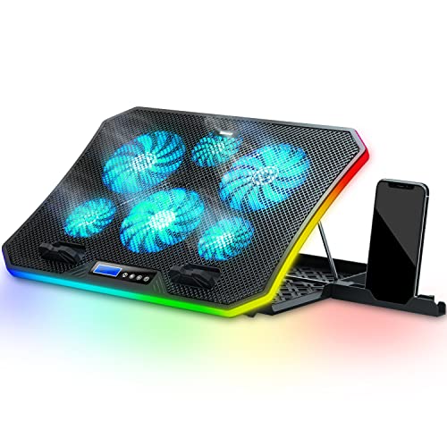 TopMate C12 Base Refrigeradora Portatil Gaming RGB para Escritorio y Regazo, Refrigeración para Portátiles de 15,6-17,3", 8 Alturas Ajustables con 6 Ventiladores y Soporte Teléfono-Luz LED Azul Hielo