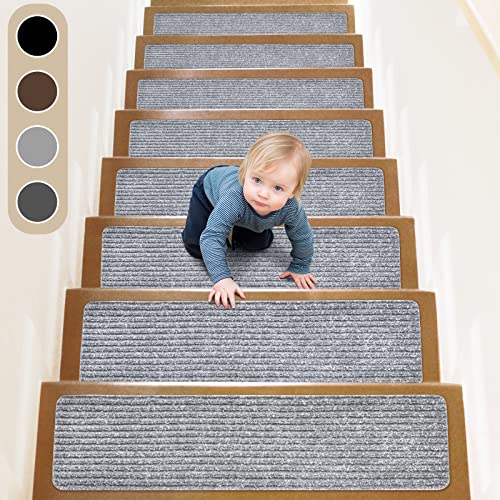 ToStair Pisadas Antideslizantes para escalones de Madera, 76x20cm (Paquete de 15), Adhesivo preaplicado, alfombras Antideslizantes para escaleras Interiores, Gris Claro
