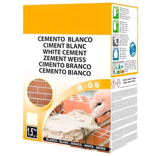 Tradineur - Cemento en polvo B-06, enlucidos de albañilería, reparación de suelos, muros, uso interior y exterior, fabricado en España (Blanco - 1,5 kg)