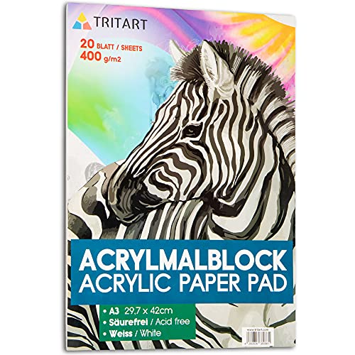 Tritart Papel acrílico A3, 400 g/m2, bloc de pintura para pinturas acrílicas, 20 hojas blancas, papel acrílico