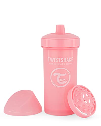Twistshake Kid Cup Vaso de Aprendizaje para Beber con Antiderrame Boquilla y Mezclador de Frutas 360 ml, Taza de Entrenamiento para Sorber para Bebé, Sin BPA, 12+ Meses, Rosa Pastel
