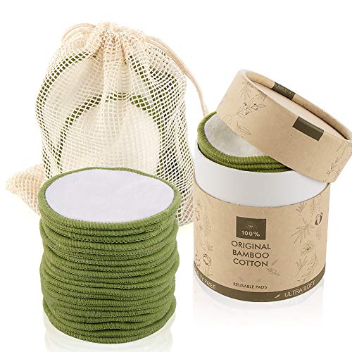 UNIMEIX Redondos de algodón reutilizables (20 unidades), almohadillas reutilizables de fibra de bambú, productos sostenibles (con bolsa de lavandería lavable y caja redonda para almacenamiento)
