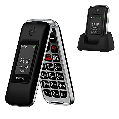 USHINING 3G Teléfono Móvil para Personas Mayores, Teléfono Móvil con Teclas Grandes Base de Carga Botón de Emergencia SOS Doble SIM Radio FM Cámara Linterna - Negro