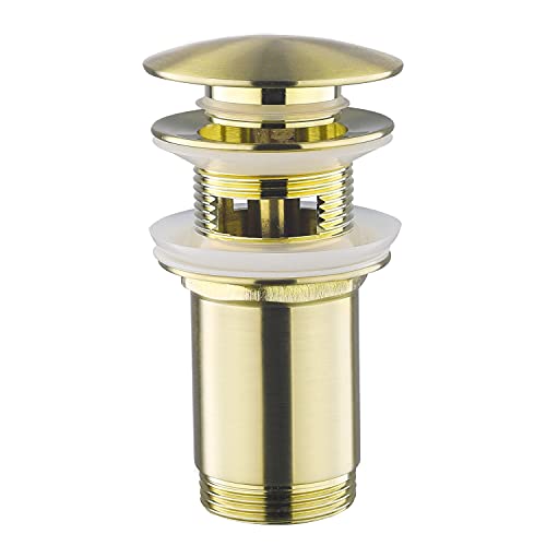 Válvula de desagüe con rebosadero, Keymark Universal Pop Up para lavabo y fregadero, Push-Open, latón Click-Clack, dorado