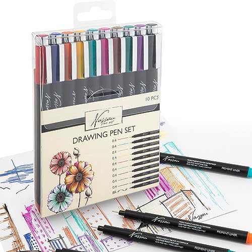 VAN NASSAU FINE ART Set Rotuladores Punta Fina de Colores | 10 Piezas | 9 Rotuladores Colores y 1 Rotulador Negro | Rotuladores de Dibujo Resistentes al Agua | Sketching, Lettering, Ilustraciones