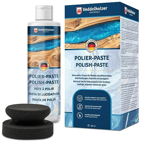 Veddelholzer Pasta de pulido profesional de 200 ml + esponja para muebles de resina epoxi, vidrio acrílico, poliéster, gelocato, fibra de vidrio y plásticos reforzados con fibra de carbono.