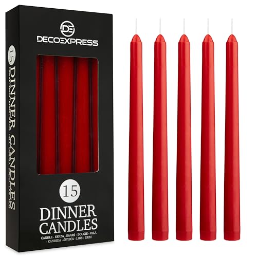 Velas de Cena Decorativas - Pack de 10, 15 o 50 Velas Blancas y Doradas - Velas Originales sin Goteo y de Larga Duración, 8 Horas de Quema, sin Fragancia (Rojo, Paquete de 15)