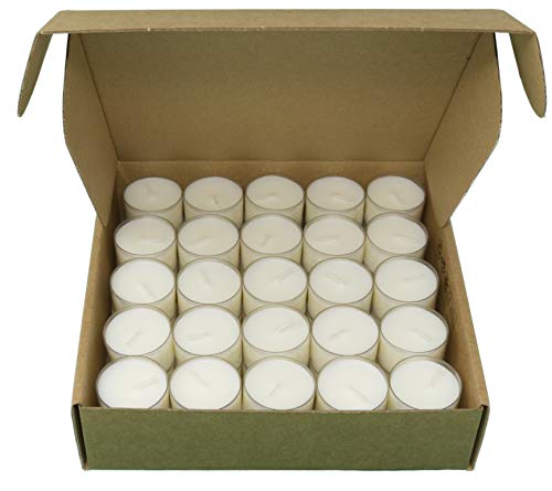 Velas de Cera de Colza Natural Candelitas en Taza Transparente Cera Blanca Luces Nocturnas No Tóxicas No Perfumadas (Caja de Kraft, 50 Candelitas - 8 Horas)