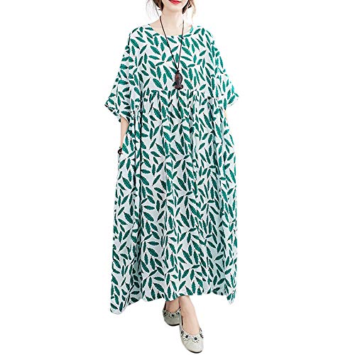 Versear Mujer Cuello Redondo Suelto Boho Kaftan con Bolsillos Talla Grande Media Manga Maxi Vestido Graffiti Casual Vestido Bohemia Algodón Oversize Vestido Largo Playa Bikini Cubrir Poncho Playa
