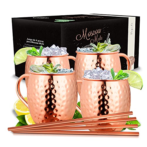 Vezato Moscow Mule Mugs [500ml] - Taza de cobre martillado con sorbete - Juego de cóctel de cobre hecho a mano [4 piezas] - 4 Tazas de cobre inoxidable para Mula de Moscú