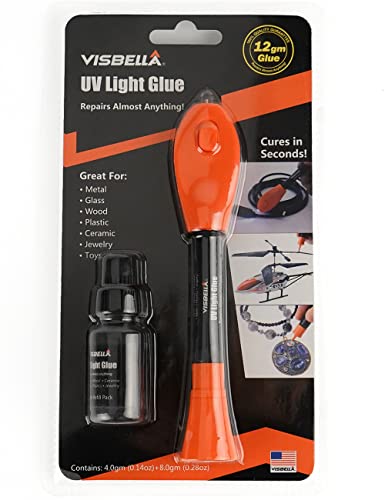 Visbella Pegamento UV con juego de lámpara, sistema de reparación con adhesivo de endurecimiento de la luz, adhesivo UV, para vidrio, metal, madera, cuero y plástico (4 + 8 g)