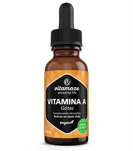 Vitamina A Gotas 5000 UI de Alta Dosis por Diaria, 50 ml (1700 Gotas), Retinol Vegano y Liquido, Alta Biodisponibilidad, Suplemento Alimenticio Natural sin Aditivos