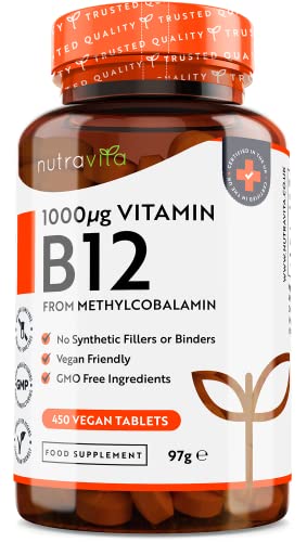 Vitamina B12 1000mcg - 450 Comprimidos Veganos de Alta Potencia (Más de 14 meses de suministro) - Suplemento B12 de Máxima Potencia - Contribuye a Reducir el Cansancio y la Fatiga - Nutravita