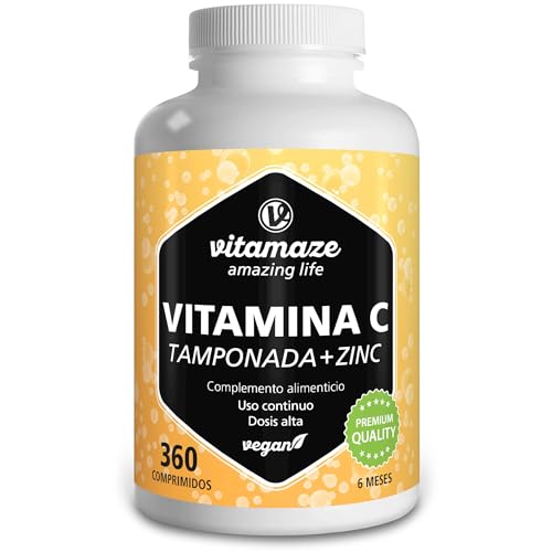 Vitamina C Tamponada 1000 mg al día + Zinc, 360 comprimidos con Ascorbato de Calcio, Vegano, Reducen Fatiga y Fortalecen el Sistema Inmunológico, Natural Pura, Calidad Alemana. Vitamaze®