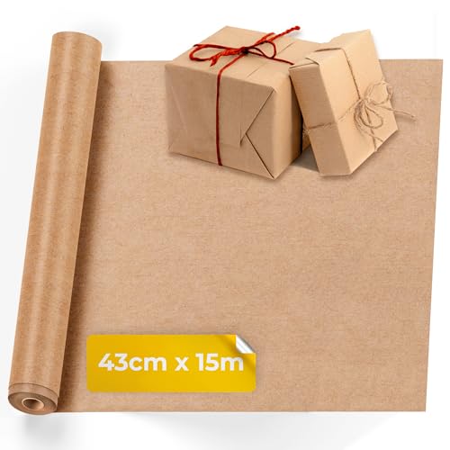 volila Papel de Envolver Kraft - 43 cm x 15 m Papel para Envolver Regalos con Cordeles - Rollo de Papel Kraft Ideal para Regalos de Cumpleaños, y Otras Ocasiones Especiales - Color Marrón