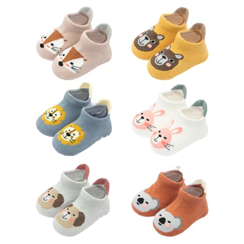 volumoon 6 Pares Calcetines Antideslizantes para Bebés,Calcetines de Algodón Dibujos Animados Lindo, para Niños/Niñas Pequeños (6-12 meses)